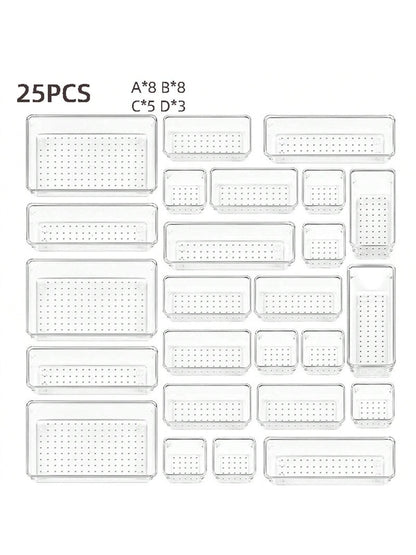 4/8/13/18/25/37 PCS Plastic Square Transparent Divided Storage Boxes, Large Capacity 4 Sizes Multi-Functional Household Organizer Boxes For Kitchen, Bathroom, Office, Bedroom, Cutlery, Cosmetics, School Supplies, Living Goods