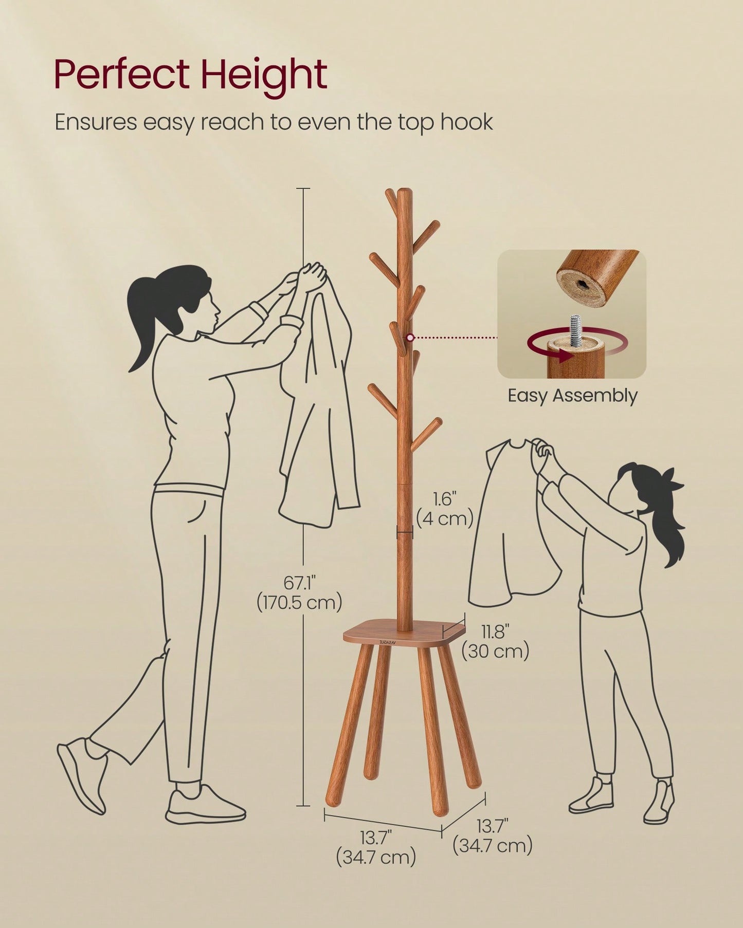 VASAGLE Coat Rack, Free Standing Coat Stand, Hall Coat Tree With 8 Hooks And Storage Shelf, 67.1 Inch Tall, For Coats, Hats, Bags, For Entryway, Hallway, Bedroom