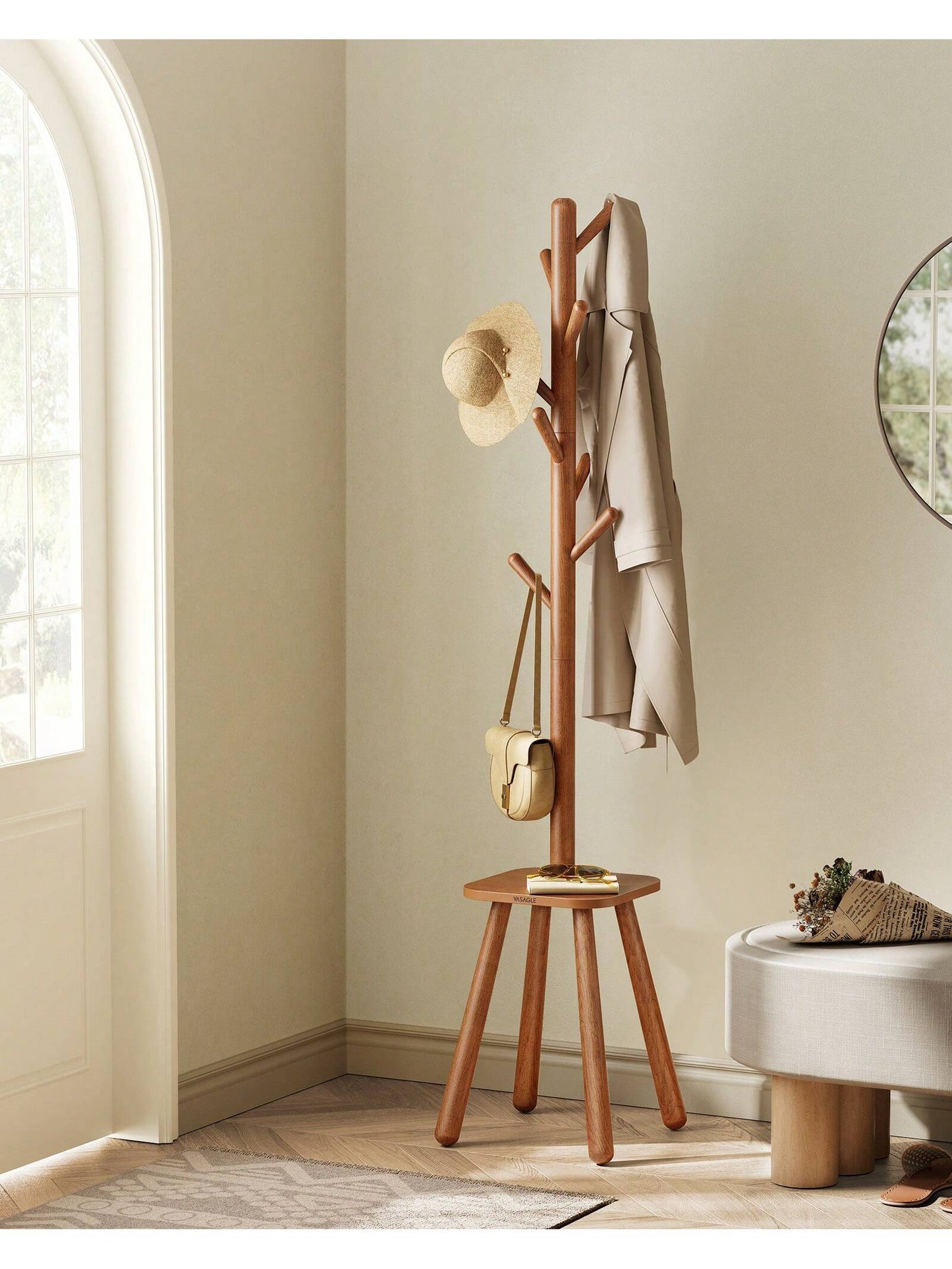 VASAGLE Coat Rack, Free Standing Coat Stand, Hall Coat Tree With 8 Hooks And Storage Shelf, 67.1 Inch Tall, For Coats, Hats, Bags, For Entryway, Hallway, Bedroom