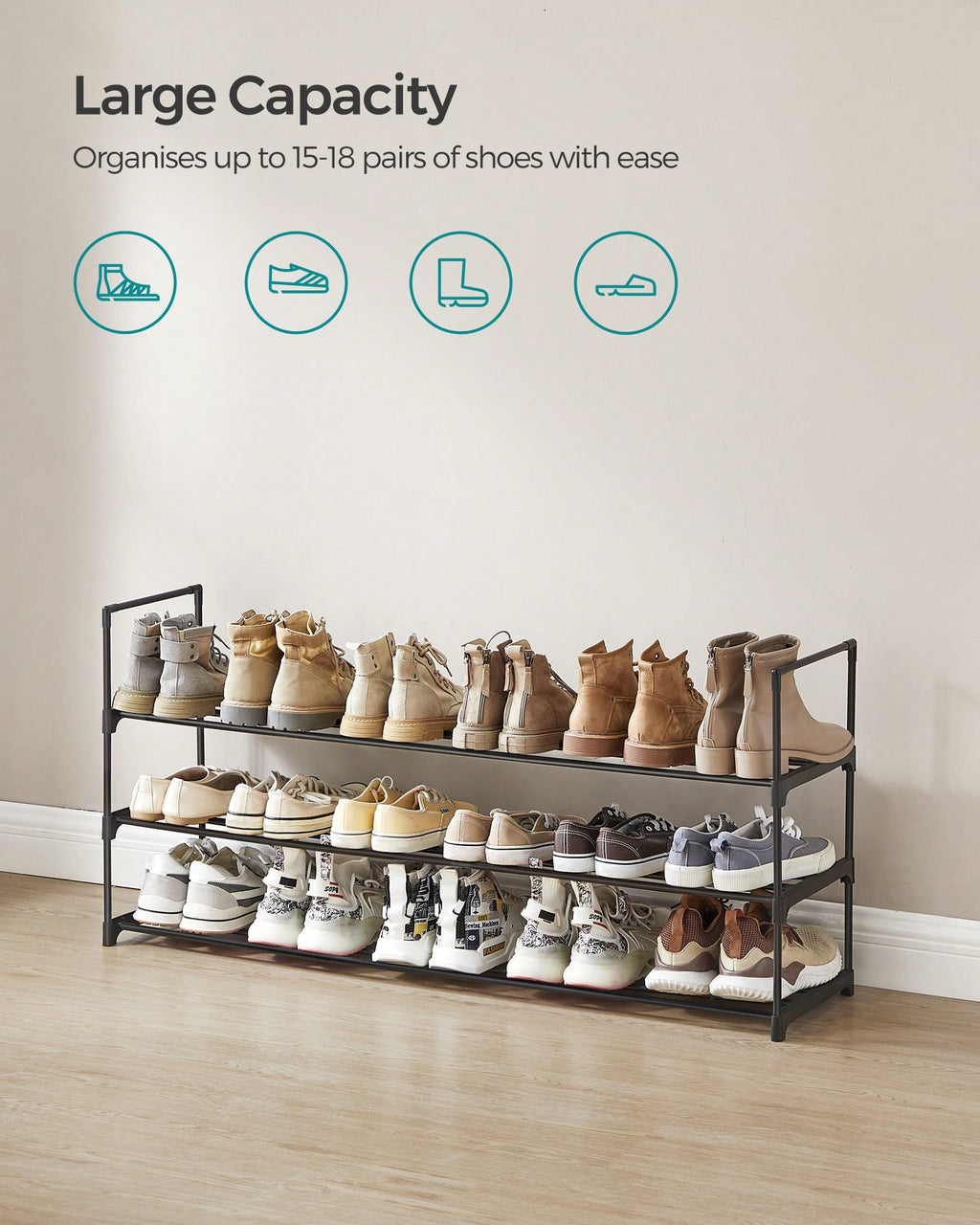 3-Tier Metal Shoe Rack for 18 Pairs – Easy Assembly, Black | MIRA