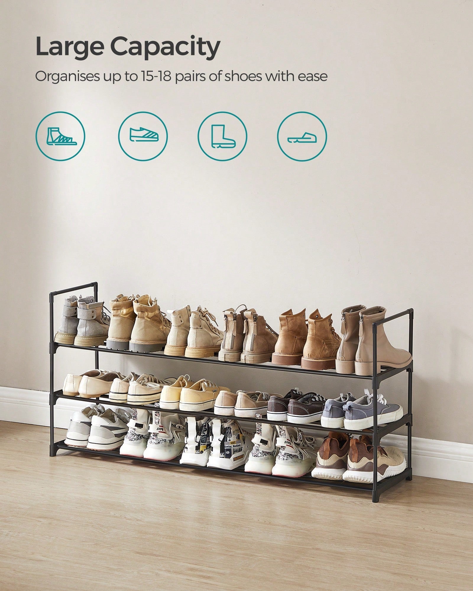 3-Tier Metal Shoe Rack for 18 Pairs – Easy Assembly, Black | MIRA