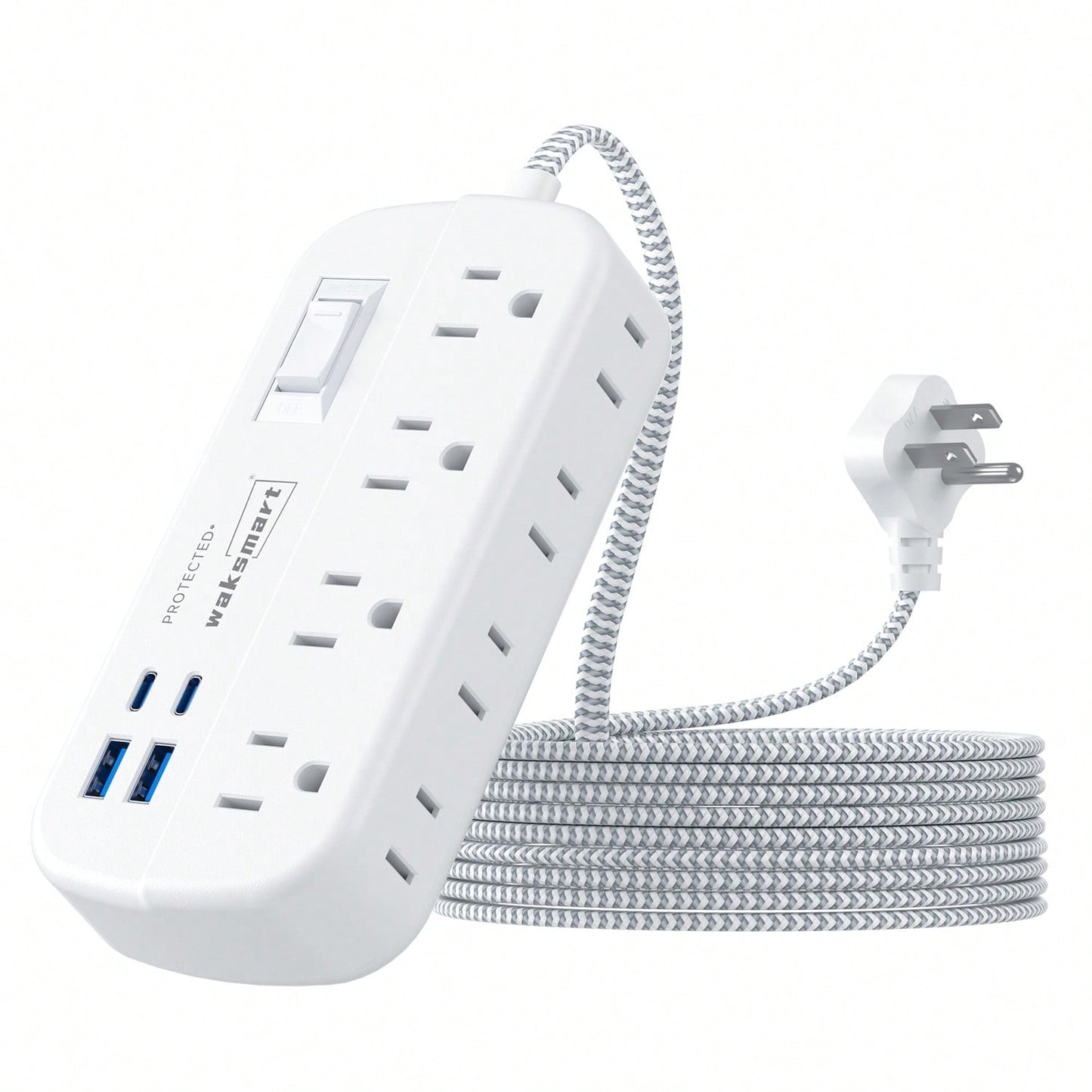 Flat Plug Surge Protector Power Strip (1080J), 8 AC Outlets 4 USB Charger(2 USB-C), Waksmart 5 Ft Flat Braided Extension Cord, Compact Desk Charging Station Wall Mount For Office, School, Dorm