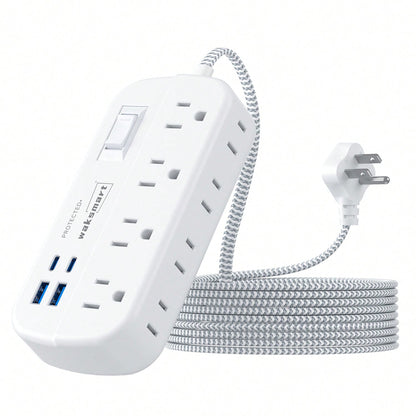 Flat Plug Surge Protector Power Strip (1080J), 8 AC Outlets 4 USB Charger(2 USB-C), Waksmart 5 Ft Flat Braided Extension Cord, Compact Desk Charging Station Wall Mount For Office, School, Dorm