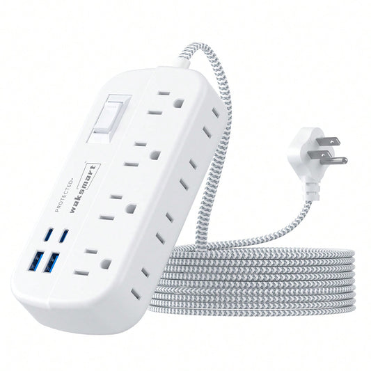 Flat Plug Surge Protector Power Strip (1080J), 8 AC Outlets 4 USB Charger(2 USB-C), Waksmart 5 Ft Flat Braided Extension Cord, Compact Desk Charging Station Wall Mount For Office, School, Dorm
