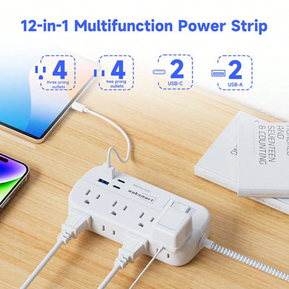 Flat Plug Surge Protector Power Strip (1080J), 8 AC Outlets 4 USB Charger(2 USB-C), Waksmart 5 Ft Flat Braided Extension Cord, Compact Desk Charging Station Wall Mount For Office, School, Dorm