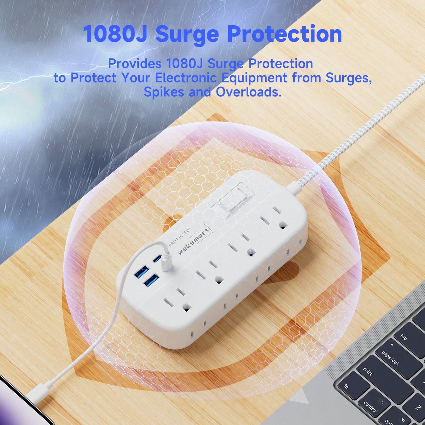Flat Plug Surge Protector Power Strip (1080J), 8 AC Outlets 4 USB Charger(2 USB-C), Waksmart 5 Ft Flat Braided Extension Cord, Compact Desk Charging Station Wall Mount For Office, School, Dorm