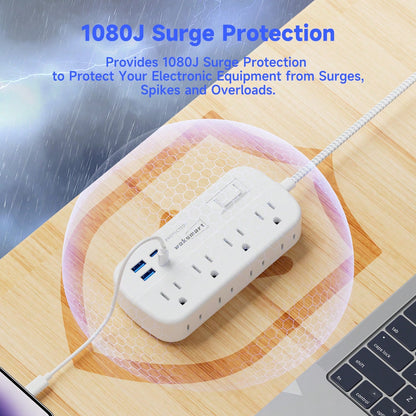 Flat Plug Surge Protector Power Strip (1080J), 8 AC Outlets 4 USB Charger(2 USB-C), Waksmart 5 Ft Flat Braided Extension Cord, Compact Desk Charging Station Wall Mount For Office, School, Dorm