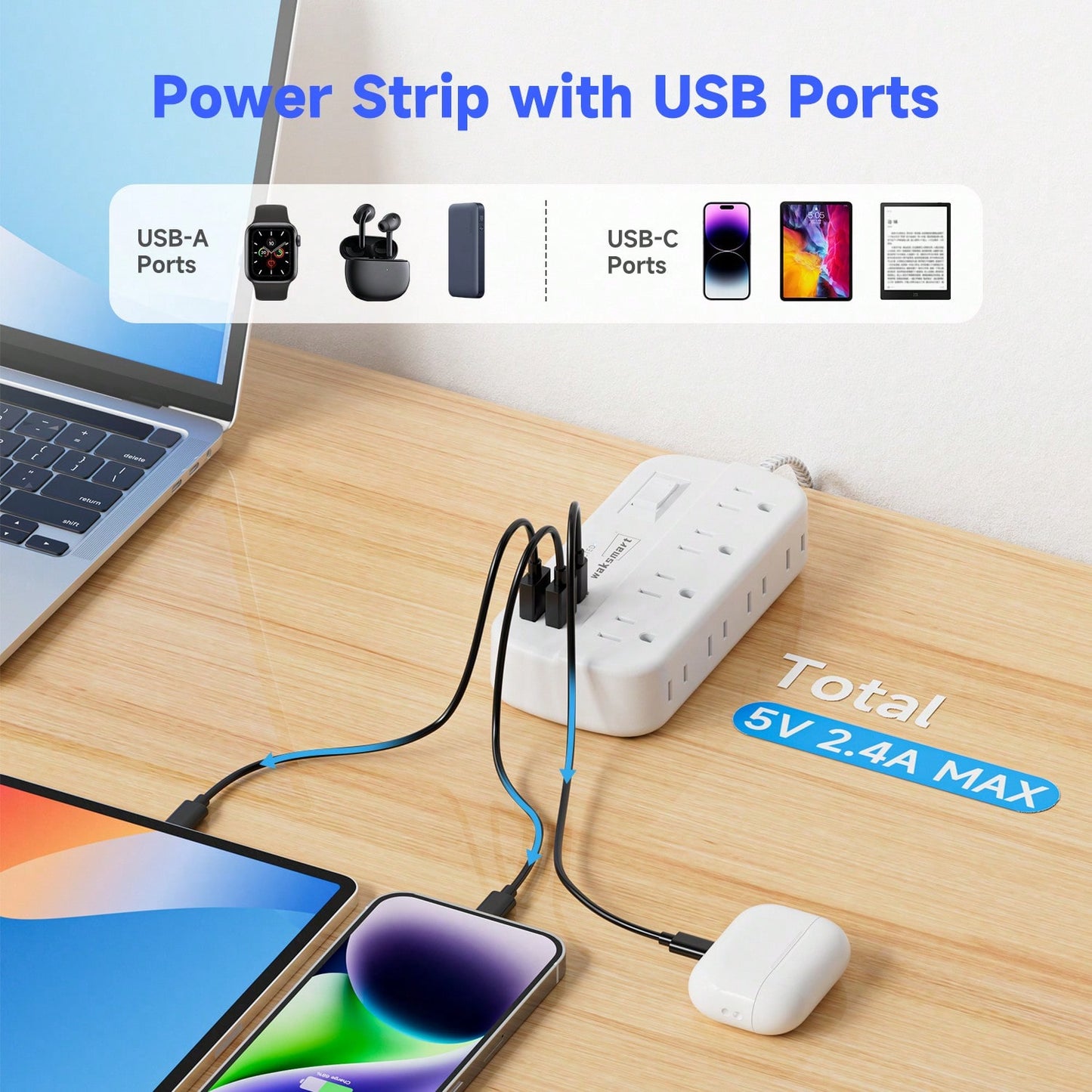 Flat Plug Surge Protector Power Strip (1080J), 8 AC Outlets 4 USB Charger(2 USB-C), Waksmart 5 Ft Flat Braided Extension Cord, Compact Desk Charging Station Wall Mount For Office, School, Dorm