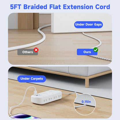Flat Plug Surge Protector Power Strip (1080J), 8 AC Outlets 4 USB Charger(2 USB-C), Waksmart 5 Ft Flat Braided Extension Cord, Compact Desk Charging Station Wall Mount For Office, School, Dorm