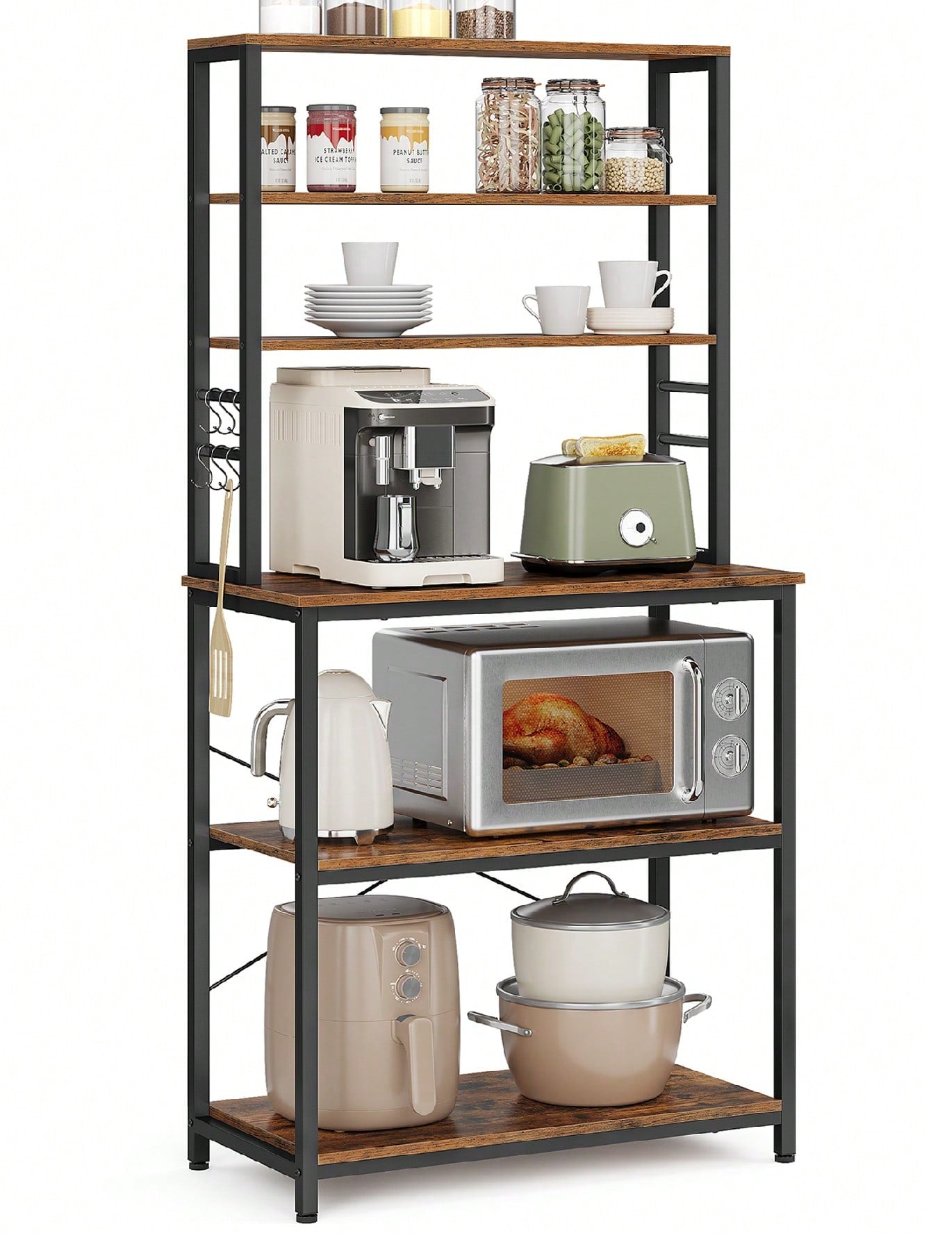VASAGLE Baker's Rack, Microwave Oven Stand, Kitchen Tall Utility Storage Shelf, 6 Hooks And Metal Frame, Industrial, 15.7 X 31.5 X 65.7 Inches