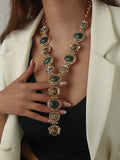 Vintage Geometric Faux Gemstone Y-Shaped Tassel Necklace | MIRA