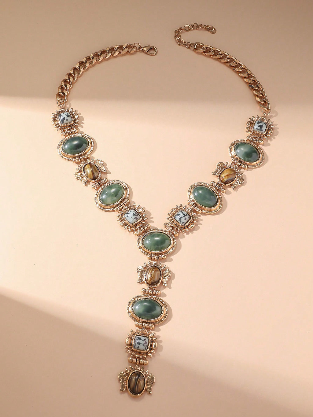 Vintage Geometric Faux Gemstone Y-Shaped Tassel Necklace | MIRA