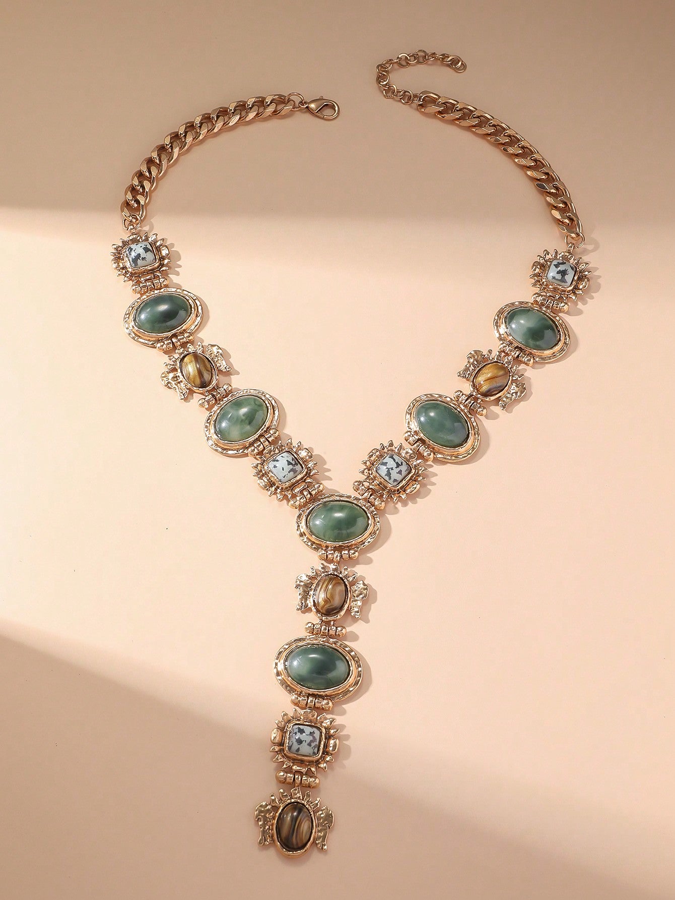 Vintage Geometric Faux Gemstone Y-Shaped Tassel Necklace | MIRA