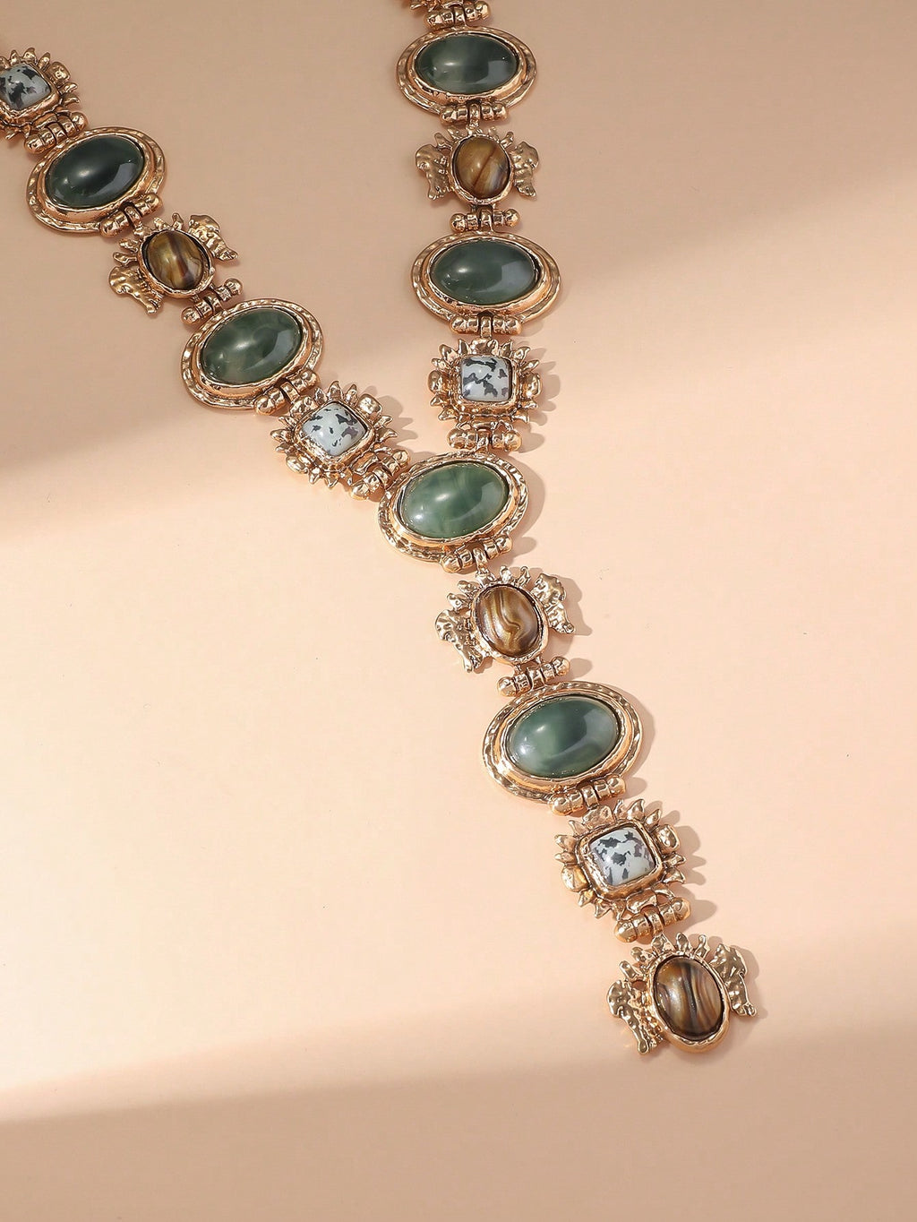 Vintage Geometric Faux Gemstone Y-Shaped Tassel Necklace | MIRA