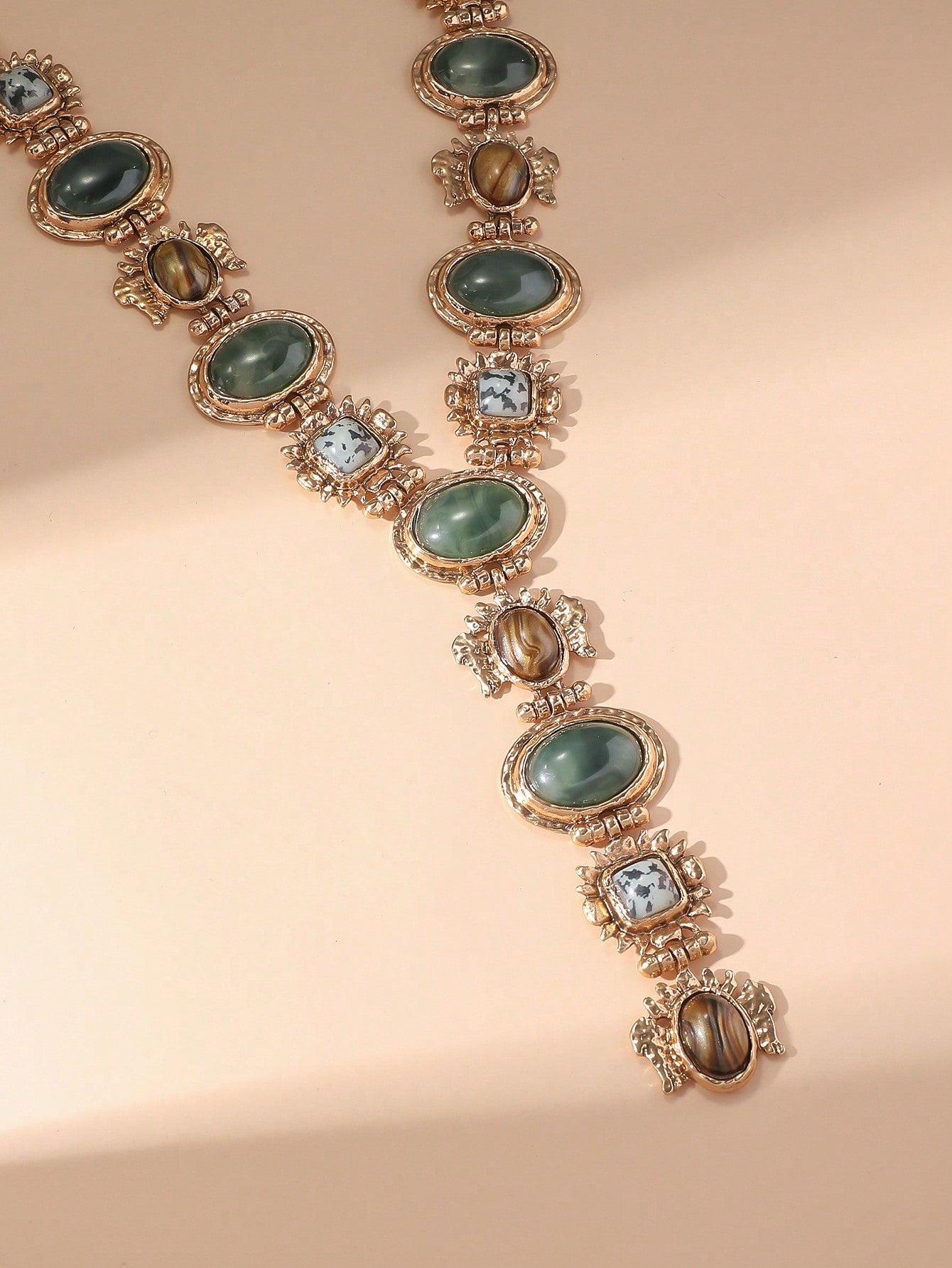 Vintage Geometric Faux Gemstone Y-Shaped Tassel Necklace | MIRA