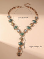 Vintage Geometric Faux Gemstone Y-Shaped Tassel Necklace | MIRA