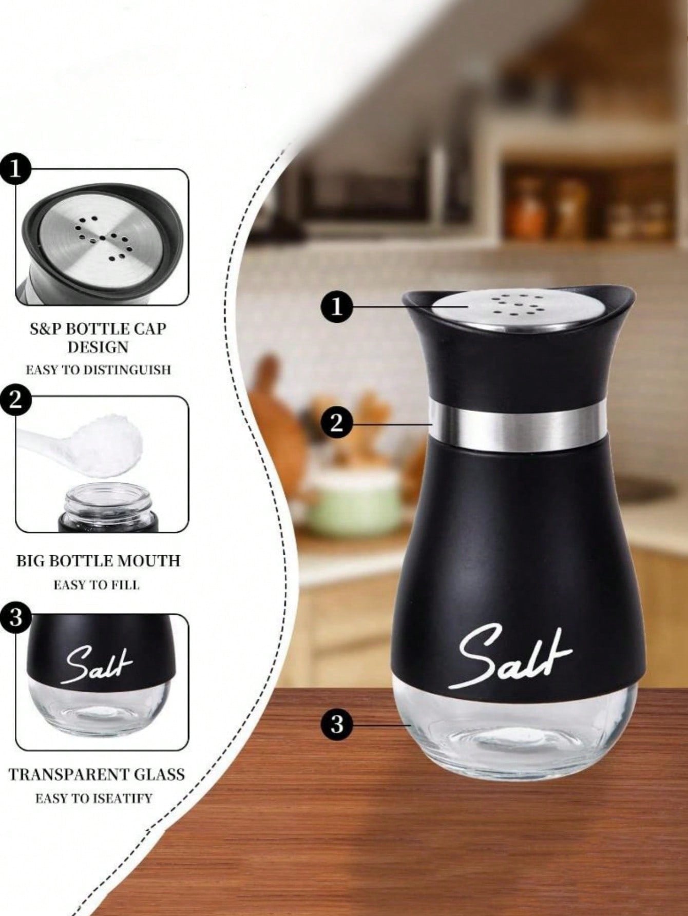 2pcs/Set Seasoning Bottle Set, Includes Salt & Pepper Shaker, Spice Grinder With Holder, 4oz Airtight Spice Jars, Functional Kitchen Accessories, Holiday Party Gift