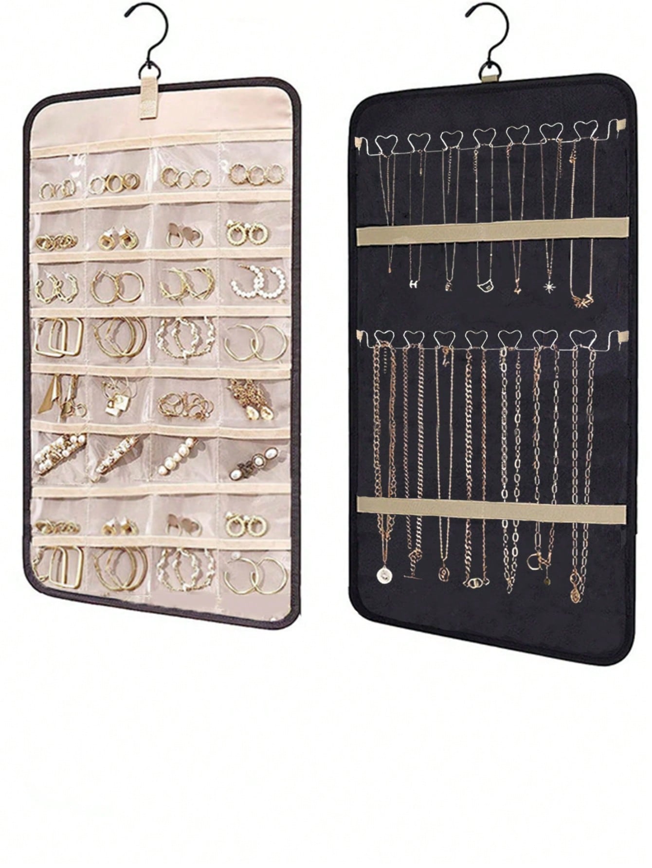Madebyblanc Large Capacity Jewelry Organizer Hanging Bag - Double-Sided Wall-Mounted Closet Storage With Hooks For Earrings/Necklaces/Rings | Dustproof Premium Polyester Door Organizer (Black Valentine's Gift Idea)