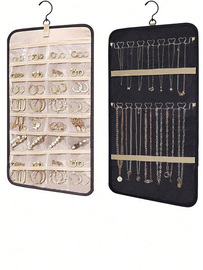 Madebyblanc Large Capacity Jewelry Organizer Hanging Bag - Double-Sided Wall-Mounted Closet Storage With Hooks For Earrings/Necklaces/Rings | Dustproof Premium Polyester Door Organizer (Black Valentine's Gift Idea)