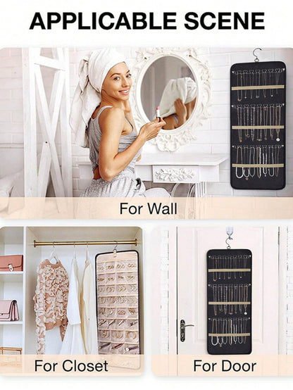 Madebyblanc Large Capacity Jewelry Organizer Hanging Bag - Double-Sided Wall-Mounted Closet Storage With Hooks For Earrings/Necklaces/Rings | Dustproof Premium Polyester Door Organizer (Black Valentine's Gift Idea)