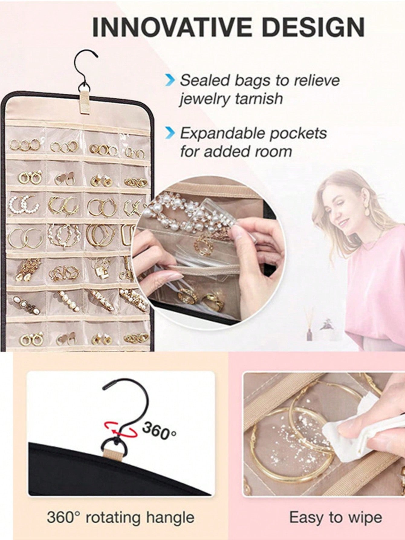 Madebyblanc Large Capacity Jewelry Organizer Hanging Bag - Double-Sided Wall-Mounted Closet Storage With Hooks For Earrings/Necklaces/Rings | Dustproof Premium Polyester Door Organizer (Black Valentine's Gift Idea)
