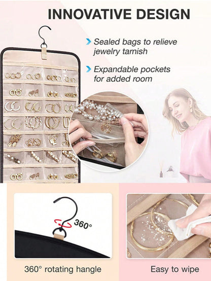 Madebyblanc Large Capacity Jewelry Organizer Hanging Bag - Double-Sided Wall-Mounted Closet Storage With Hooks For Earrings/Necklaces/Rings | Dustproof Premium Polyester Door Organizer (Black Valentine's Gift Idea)