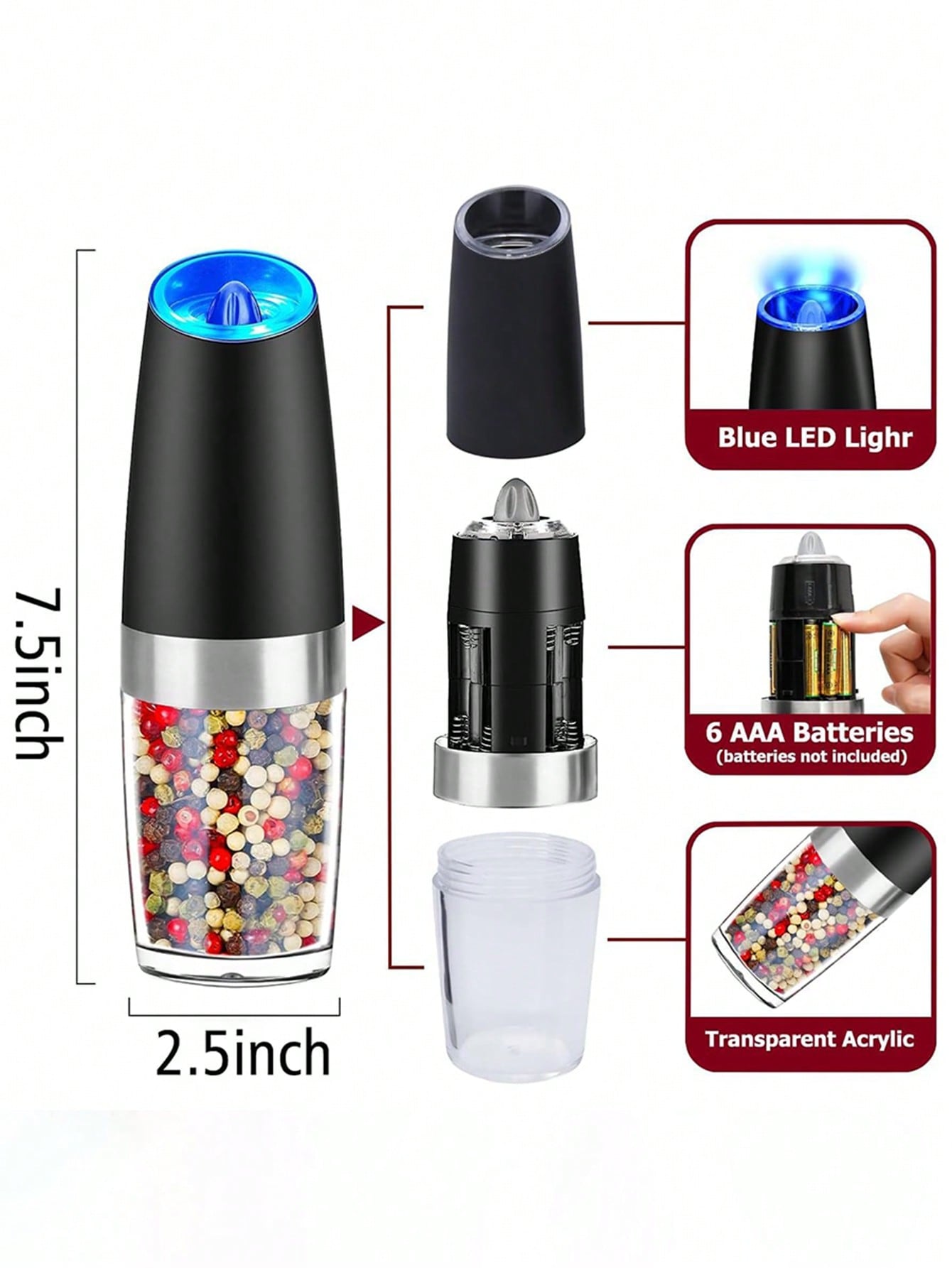 Electric Salt And Pepper Grinder Set Automatic Salt And Pepper Grinder Set With LED Light, Battery Operated, Adjustable Coarseness, Large Capacity, For Home Kitchen BBQ Single-Handed Automatic Operation Stainless Steel