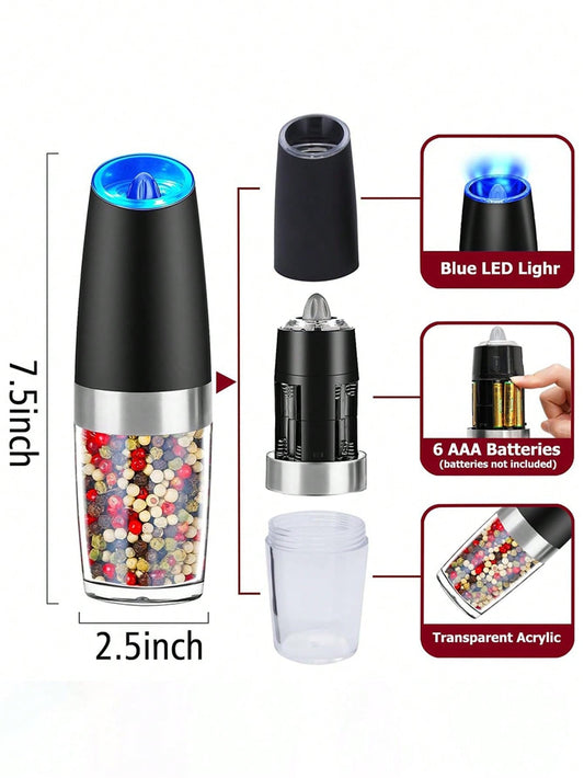 Electric Salt And Pepper Grinder Set Automatic Salt And Pepper Grinder Set With LED Light, Battery Operated, Adjustable Coarseness, Large Capacity, For Home Kitchen BBQ Single-Handed Automatic Operation Stainless Steel