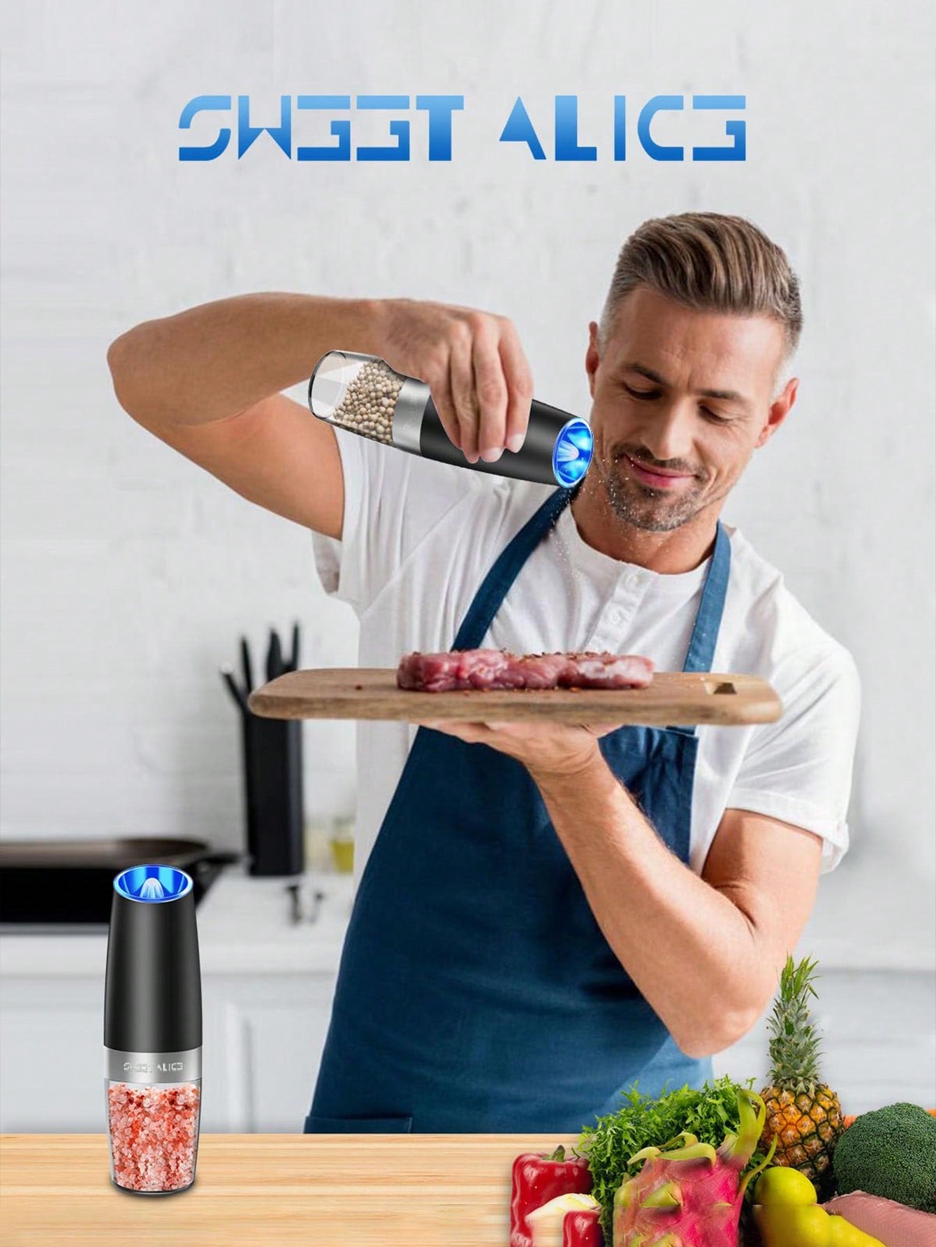 Electric Salt And Pepper Grinder Set Automatic Salt And Pepper Grinder Set With LED Light, Battery Operated, Adjustable Coarseness, Large Capacity, For Home Kitchen BBQ Single-Handed Automatic Operation Stainless Steel