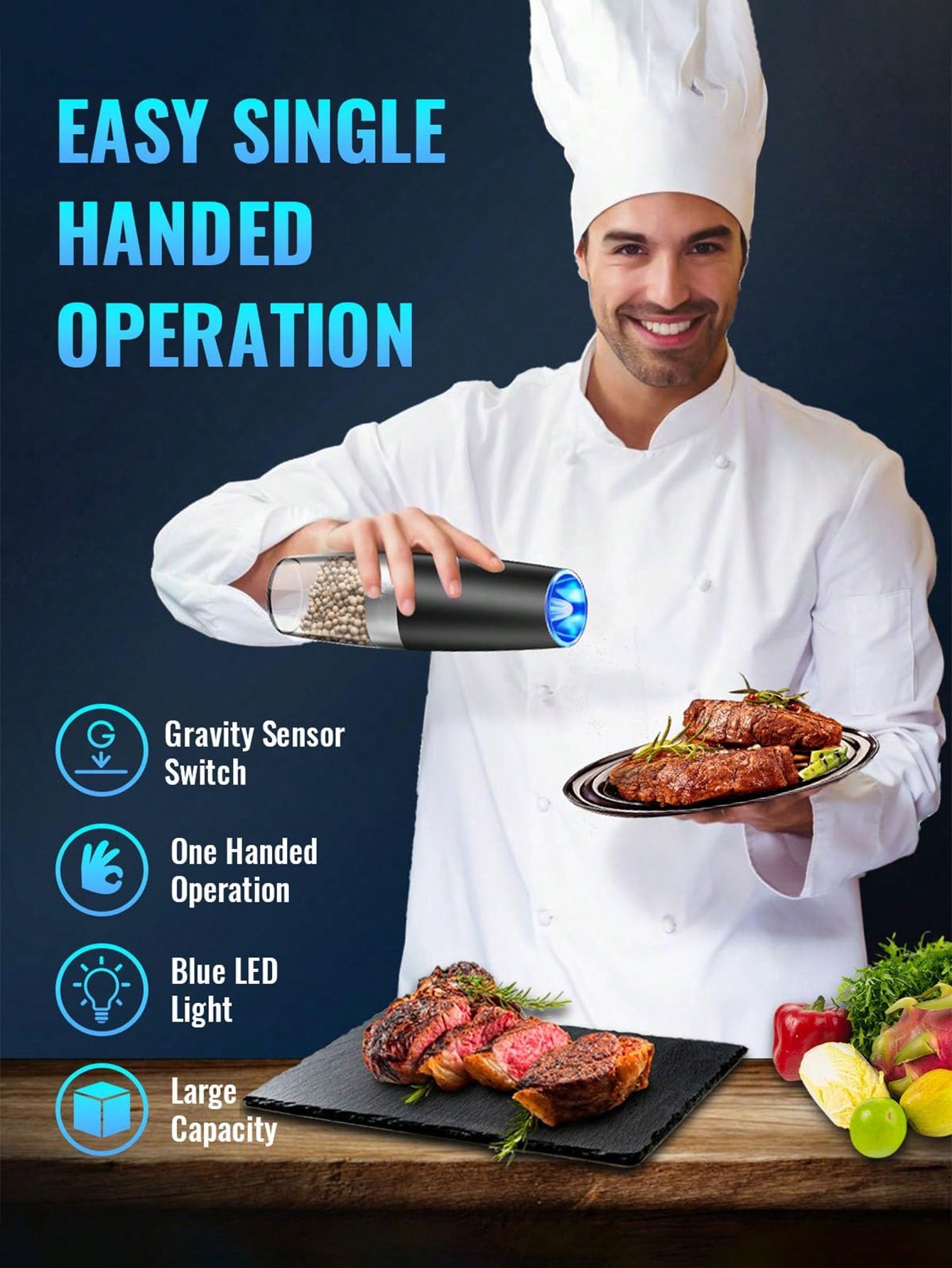 Electric Salt And Pepper Grinder Set Automatic Salt And Pepper Grinder Set With LED Light, Battery Operated, Adjustable Coarseness, Large Capacity, For Home Kitchen BBQ Single-Handed Automatic Operation Stainless Steel