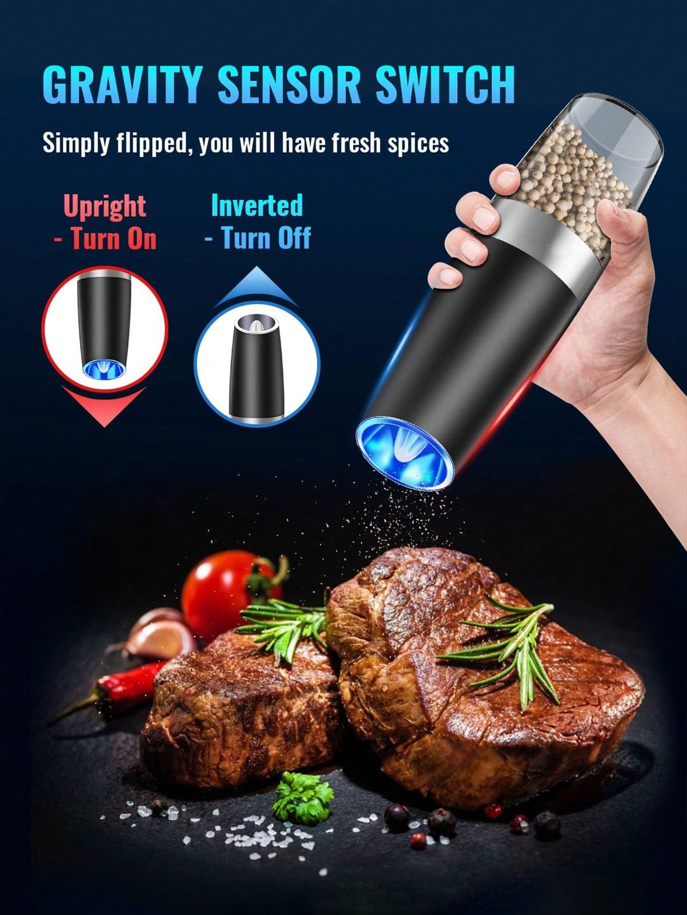 Electric Salt And Pepper Grinder Set Automatic Salt And Pepper Grinder Set With LED Light, Battery Operated, Adjustable Coarseness, Large Capacity, For Home Kitchen BBQ Single-Handed Automatic Operation Stainless Steel