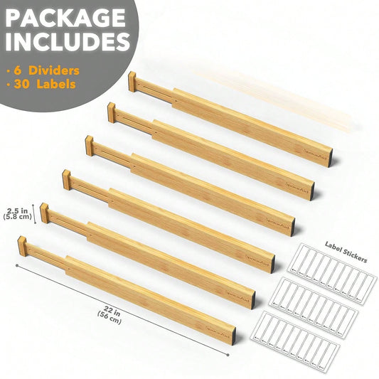 6 Packs Bamboo Drawer Dividers With Labels, Adjustable Organizers For Kitchen, Bathroom, Dresser, And Office Drawers, Fits 17-22 Inch Spaces, Expandable Storage For Clothes, Utensils, And Accessories Back To School Dormitory Storage