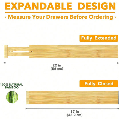 6 Packs Bamboo Drawer Dividers With Labels, Adjustable Organizers For Kitchen, Bathroom, Dresser, And Office Drawers, Fits 17-22 Inch Spaces, Expandable Storage For Clothes, Utensils, And Accessories Back To School Dormitory Storage