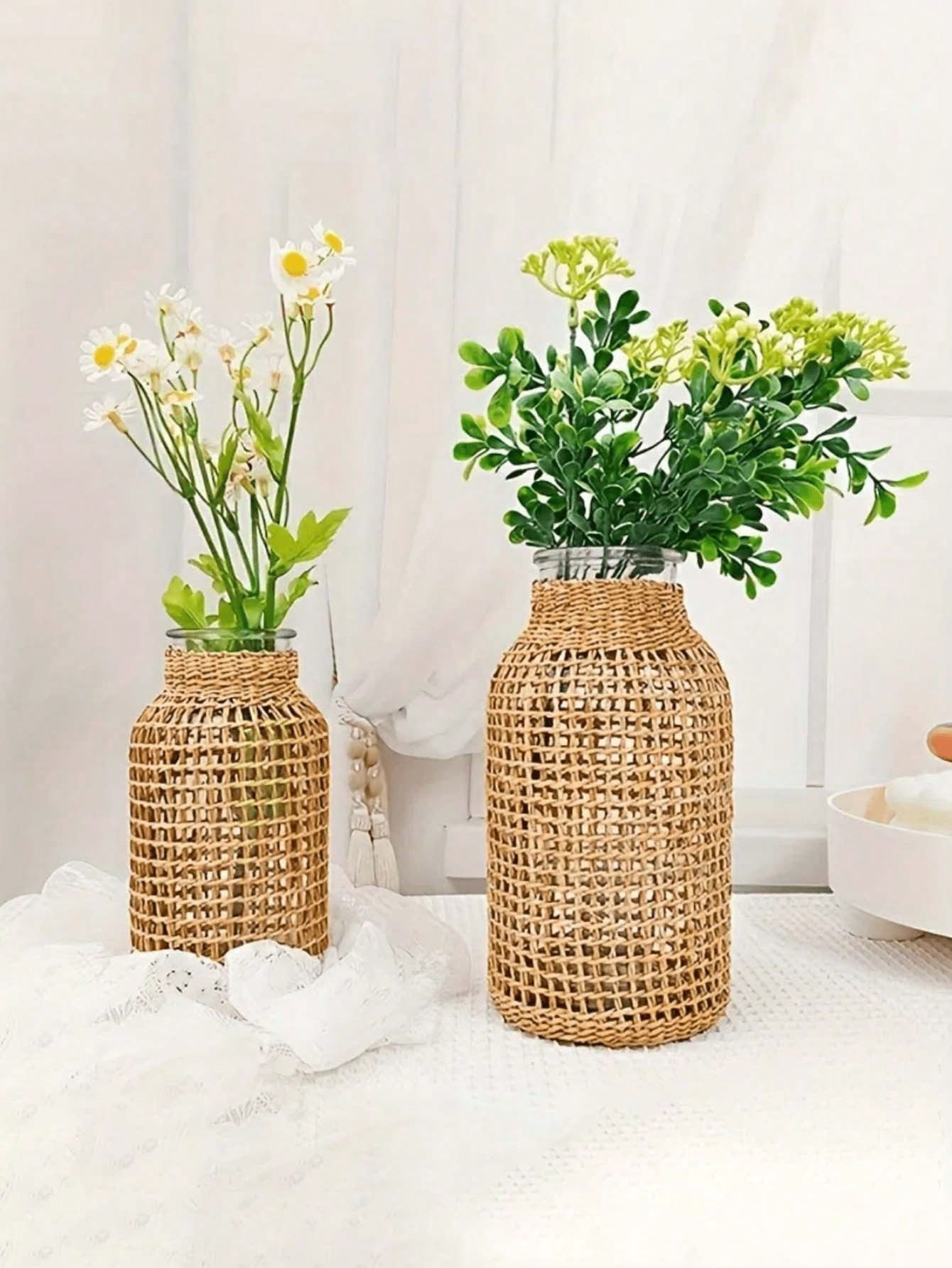 1pc Woven Cylindrical Glass Vase, Home Desktop Decorative Planter