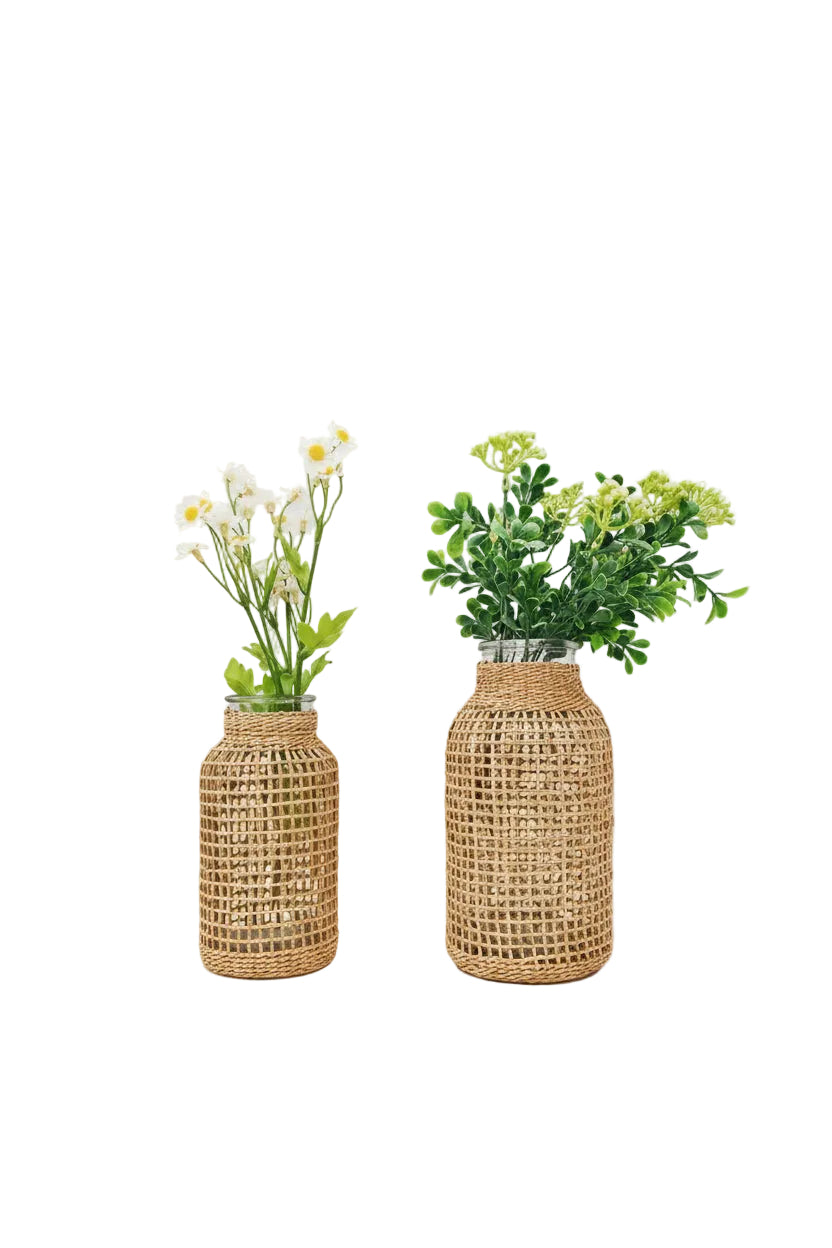 Woven Cylindrical Glass Vase | Handcrafted Desktop Decorative Planter – MIRA