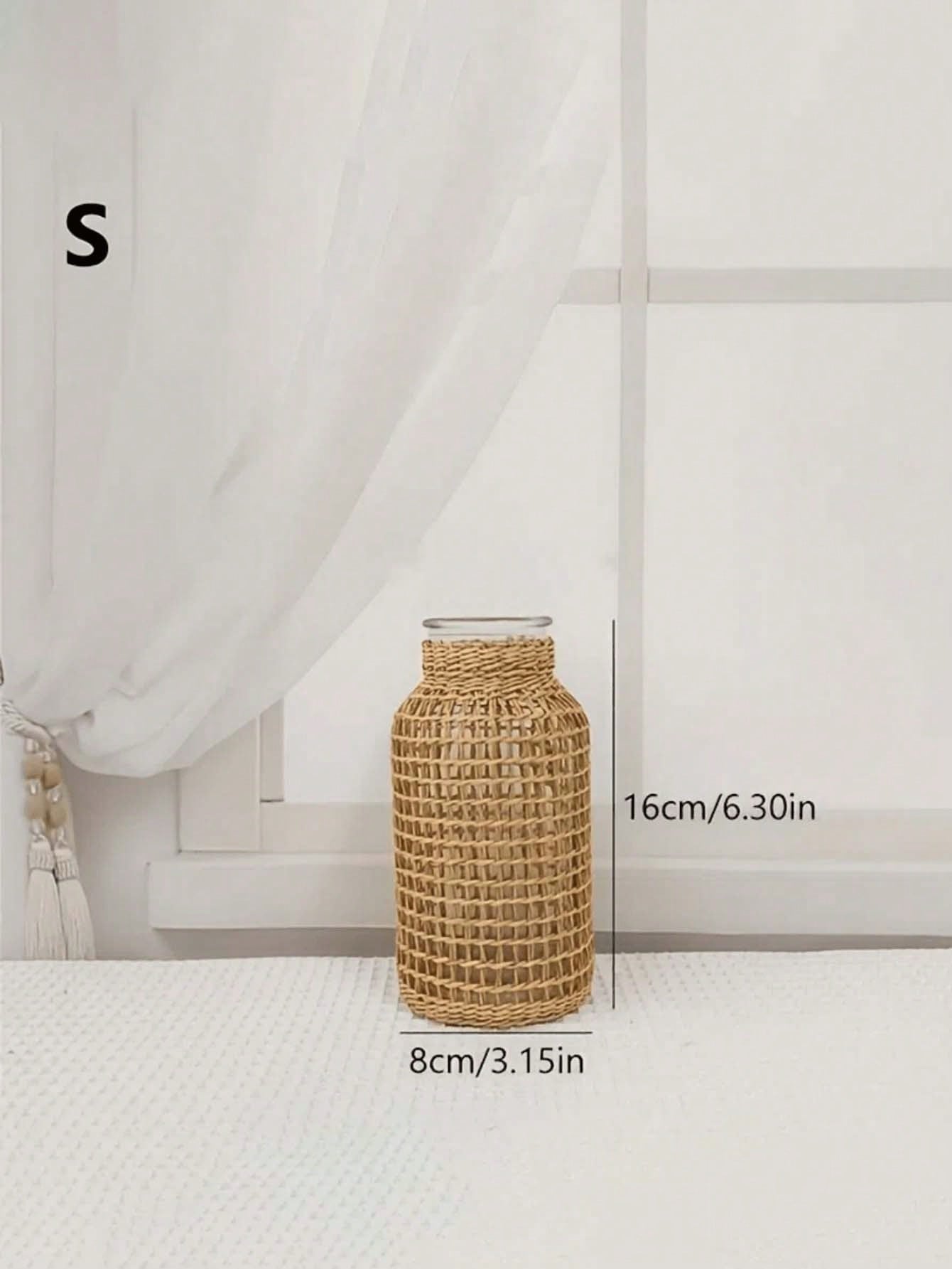 1pc Woven Cylindrical Glass Vase, Home Desktop Decorative Planter