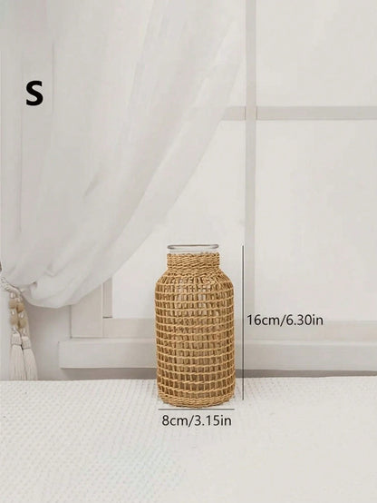 1pc Woven Cylindrical Glass Vase, Home Desktop Decorative Planter