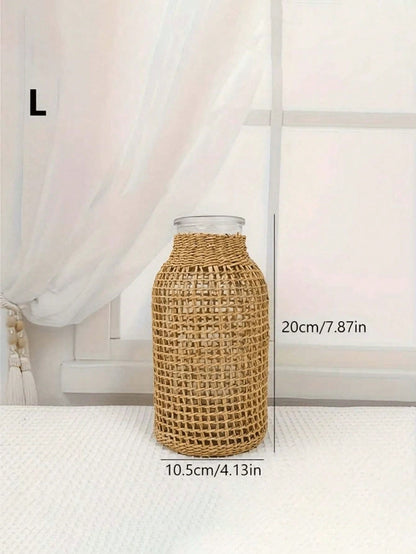 1pc Woven Cylindrical Glass Vase, Home Desktop Decorative Planter