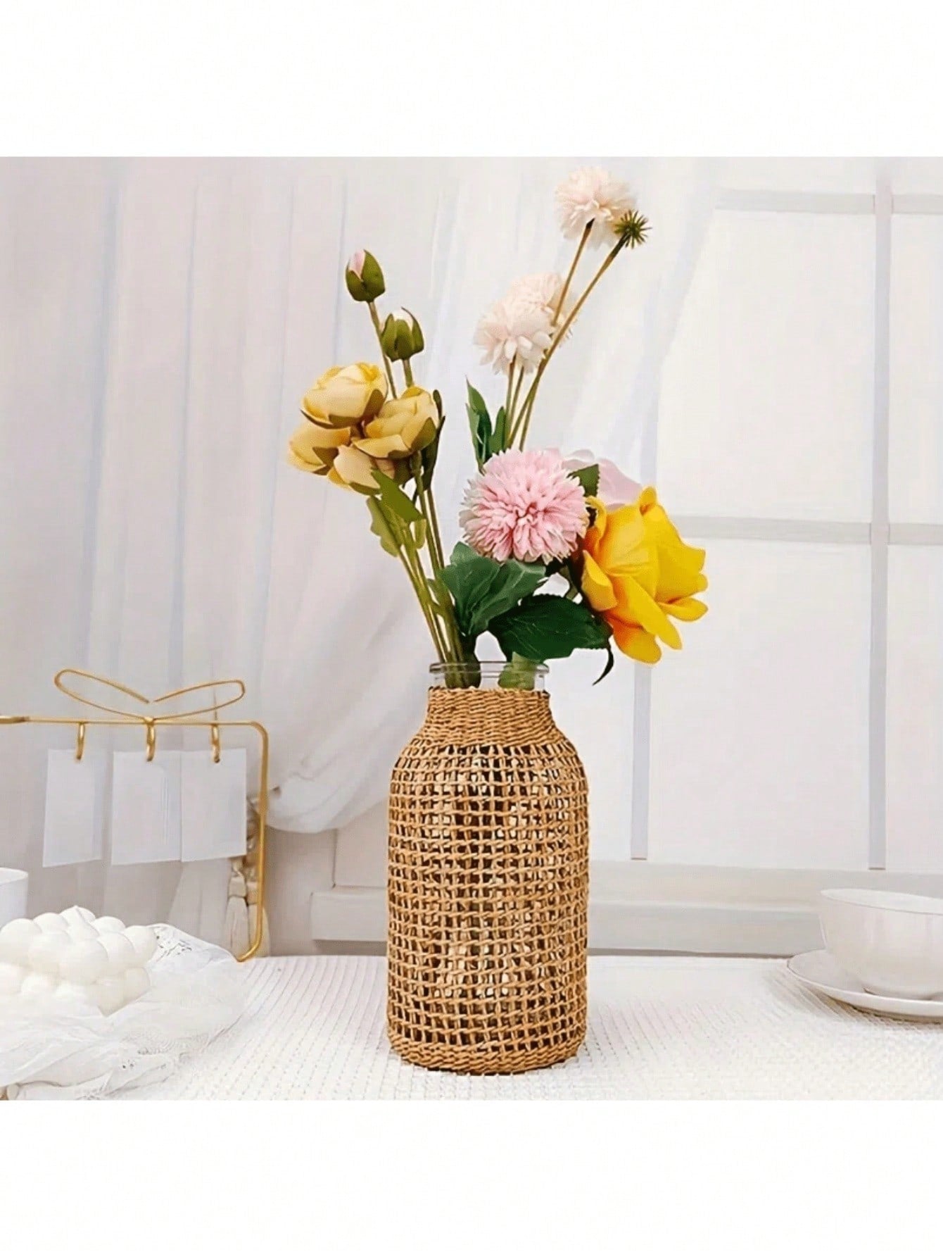 1pc Woven Cylindrical Glass Vase, Home Desktop Decorative Planter
