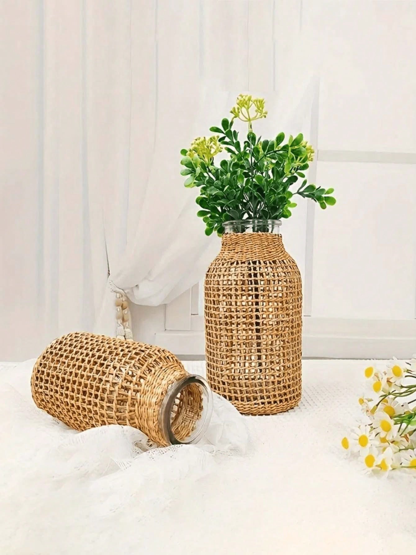 1pc Woven Cylindrical Glass Vase, Home Desktop Decorative Planter