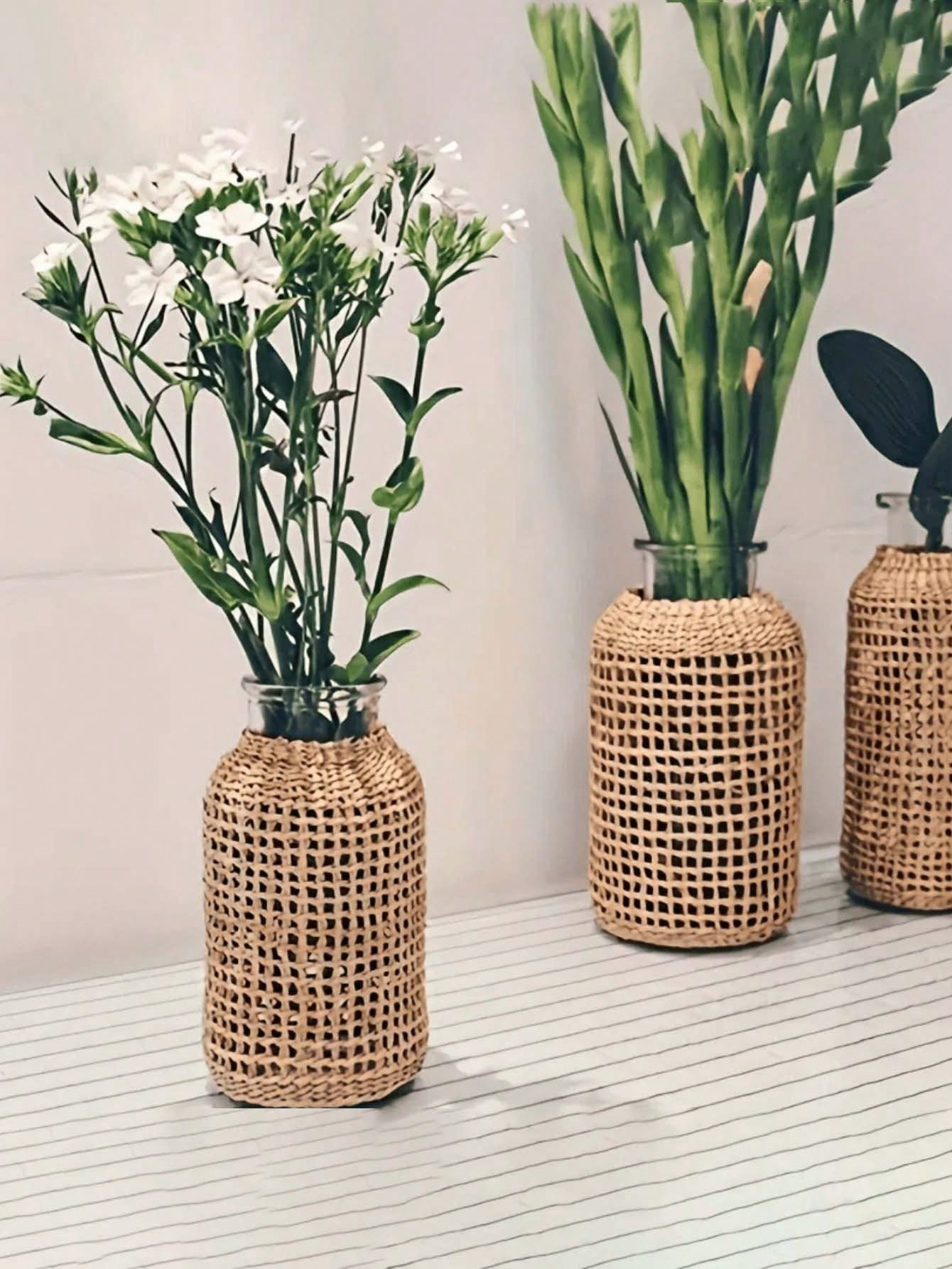 1pc Woven Cylindrical Glass Vase, Home Desktop Decorative Planter