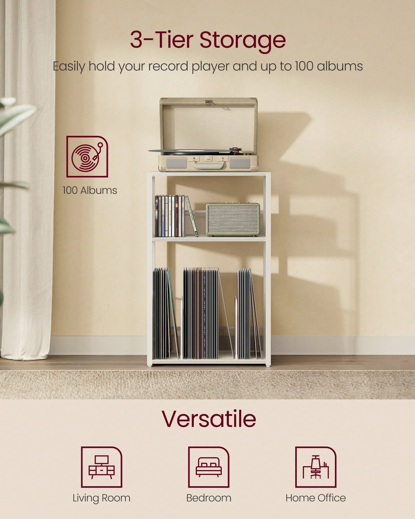 VASAGLE Record Player Stand, 3-Tier Side Table, Vinyl Record Storage Up To 100 Albums, End Table For Living Room, Bedroom