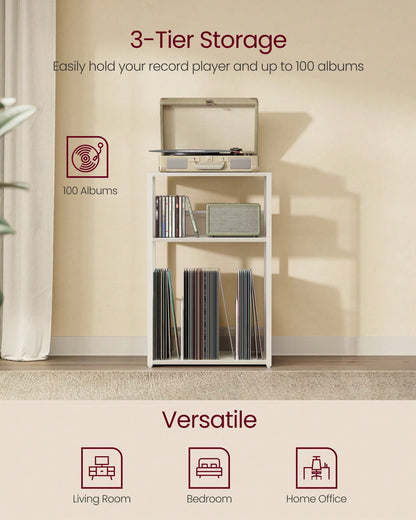 VASAGLE Record Player Stand, 3-Tier Side Table, Vinyl Record Storage Up To 100 Albums, End Table For Living Room, Bedroom