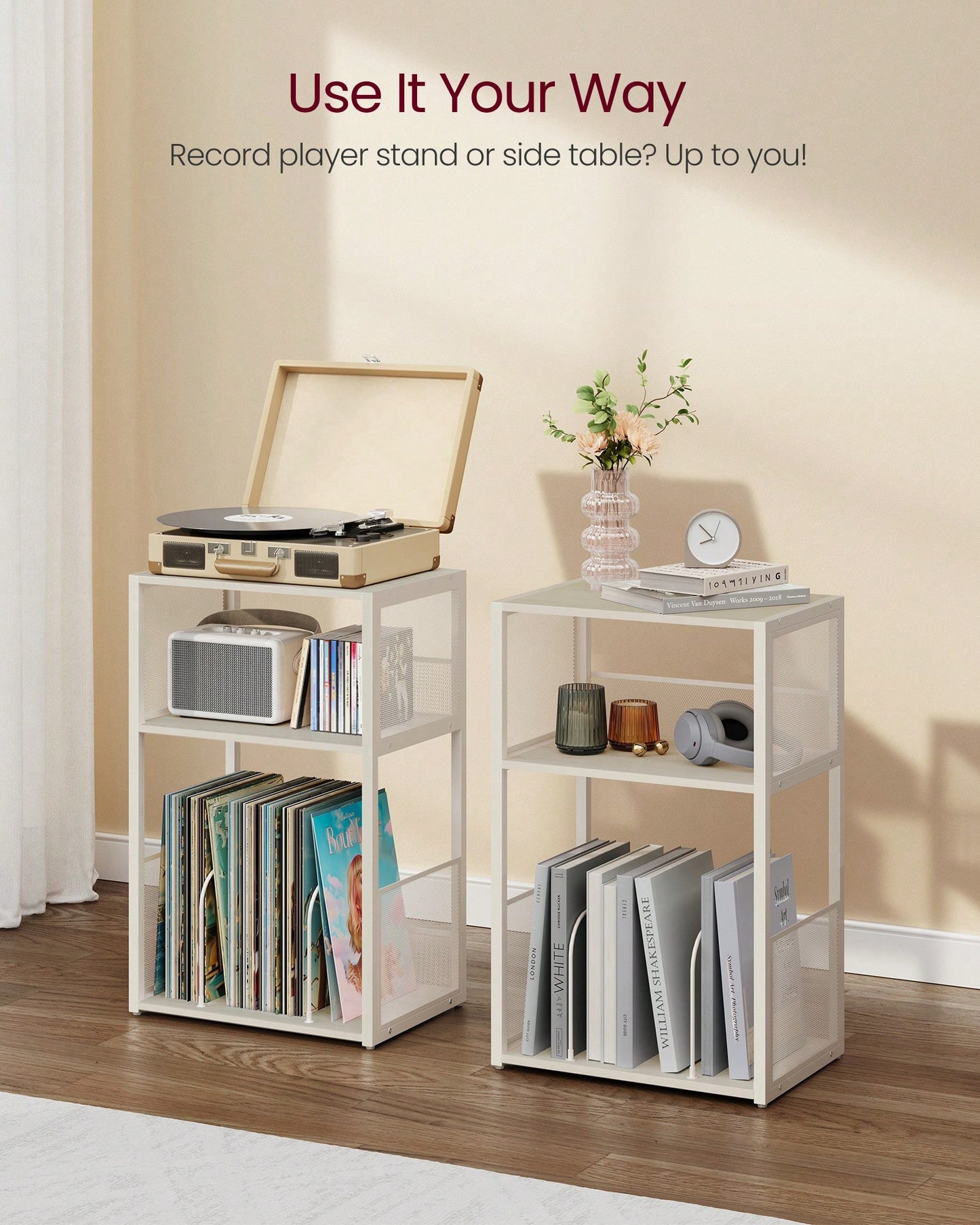 VASAGLE Record Player Stand, 3-Tier Side Table, Vinyl Record Storage Up To 100 Albums, End Table For Living Room, Bedroom