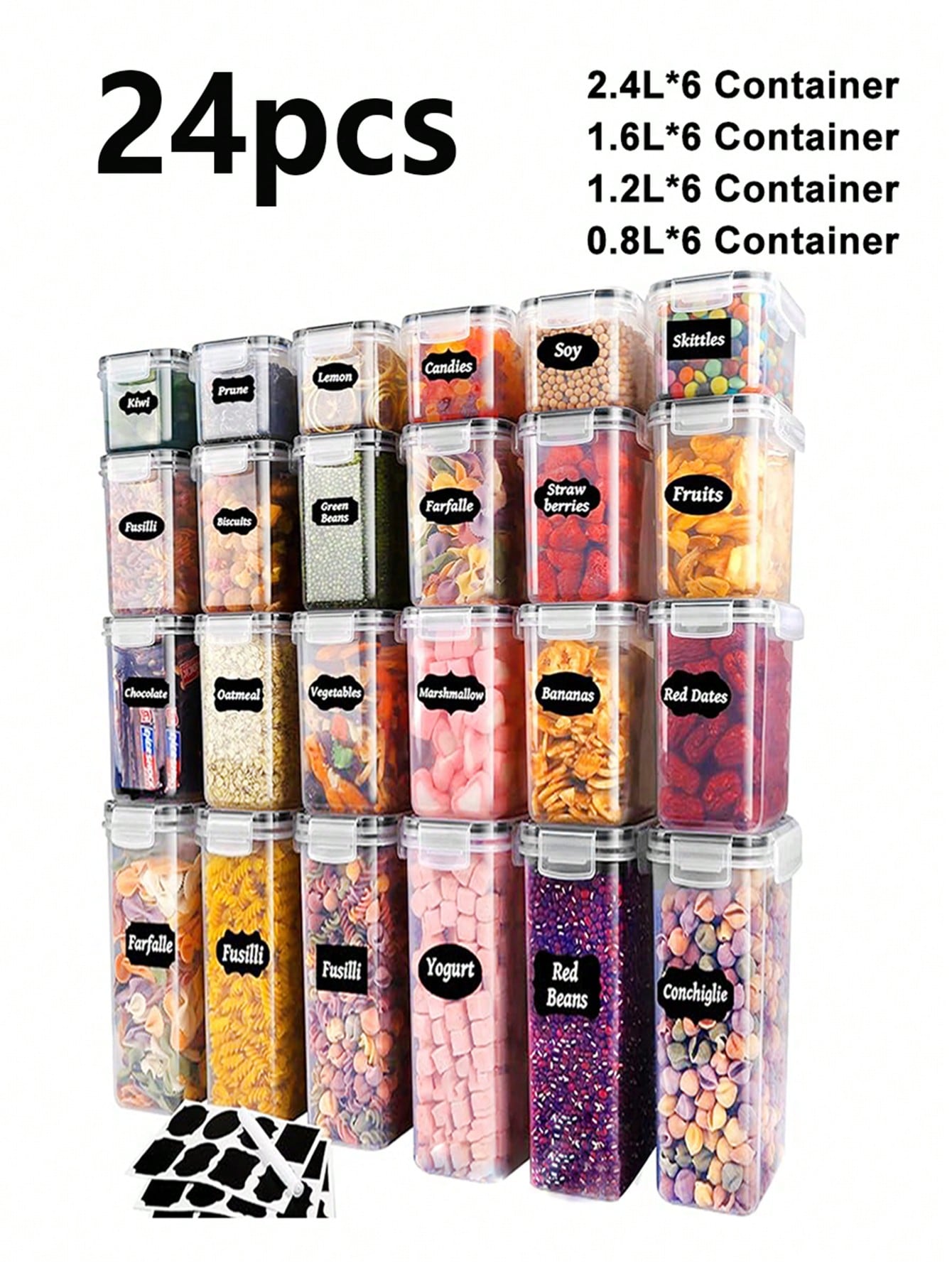 VOOVA 48pcs Sealed Food Storage Containers With LIDS - Lunch Boxes Ideal For Organizing And Storing Grains, Rice, Pasta, Tea, Nuts And Coffee Beans In A Kitchen Pantry - Can Be Used For Dishwasher Washing, Including Labels And Markers