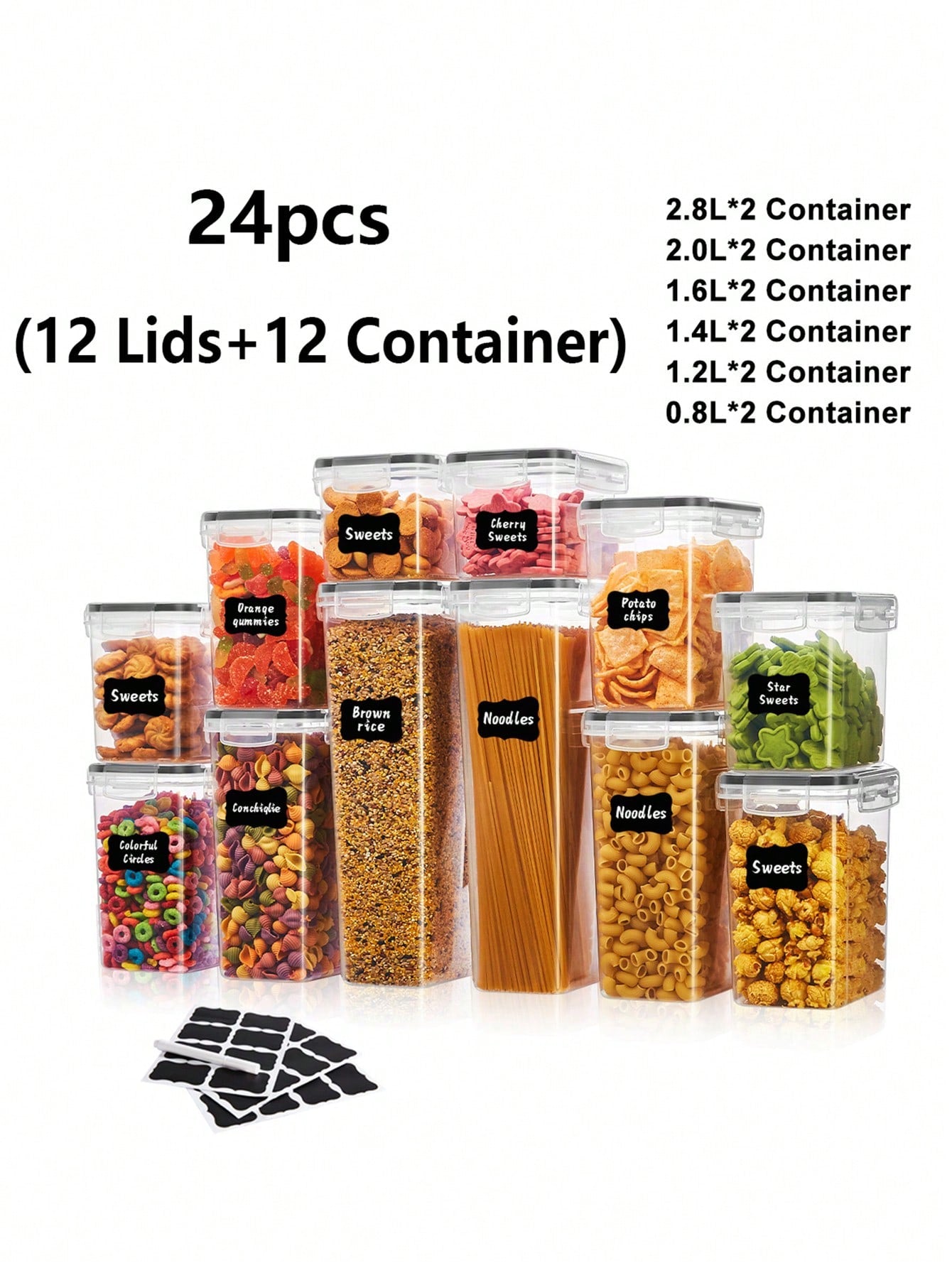 VOOVA 48pcs Sealed Food Storage Containers With LIDS - Lunch Boxes Ideal For Organizing And Storing Grains, Rice, Pasta, Tea, Nuts And Coffee Beans In A Kitchen Pantry - Can Be Used For Dishwasher Washing, Including Labels And Markers