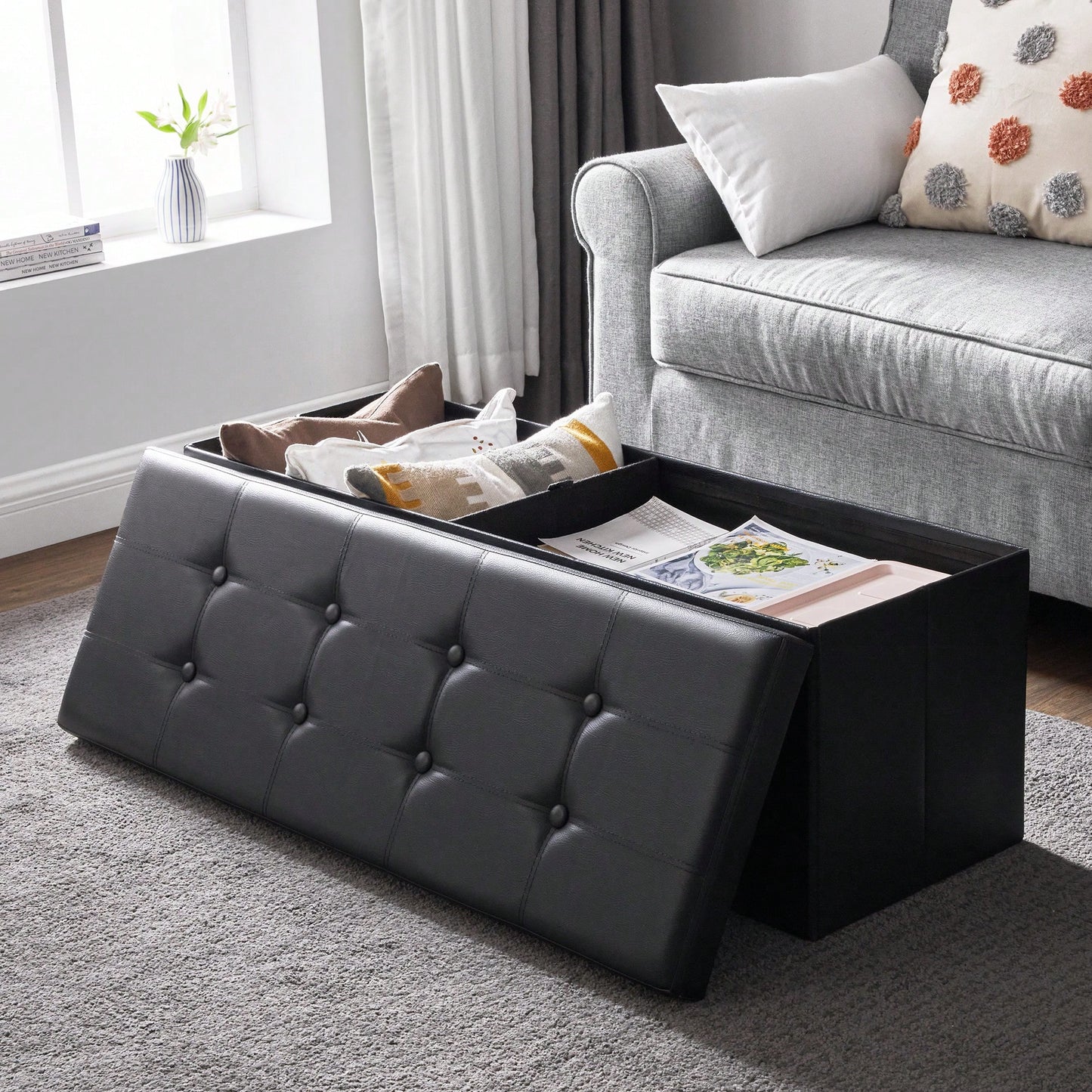 SONGMICS 43 Inches Folding Storage Ottoman Bench Storage Chest Footrest Padded Seat Faux Leather, Holds Up To 660 Lb, Beige, Black, Brown, Light Grey, Coffee Brown, Dark Gray