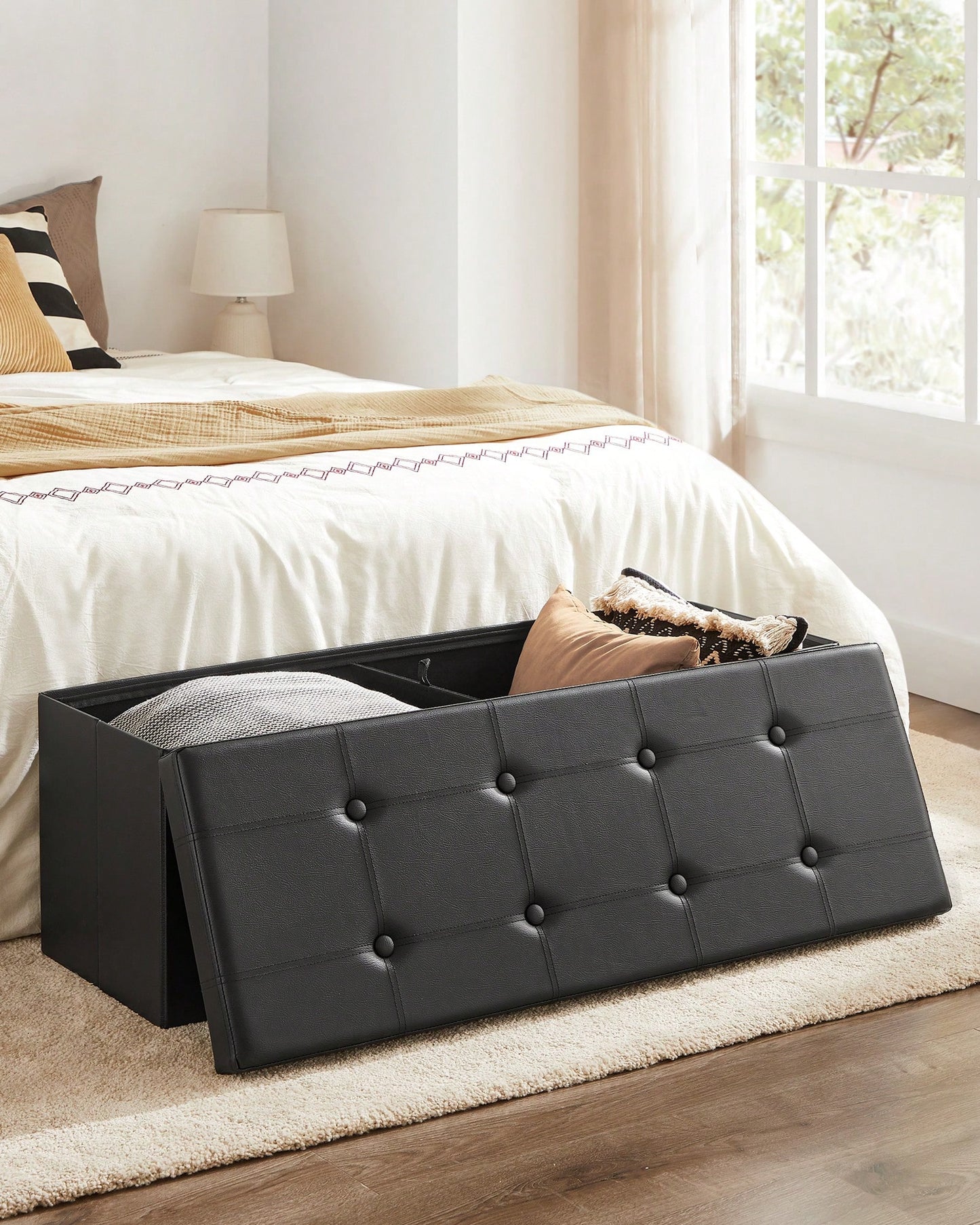 SONGMICS 43 Inches Folding Storage Ottoman Bench Storage Chest Footrest Padded Seat Faux Leather, Holds Up To 660 Lb, Beige, Black, Brown, Light Grey, Coffee Brown, Dark Gray