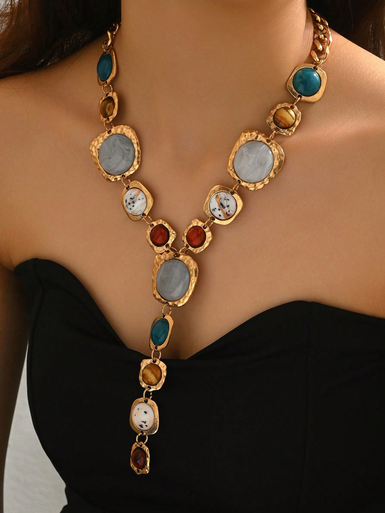 Vintage Geometric Faux Gemstone Y-Shaped Tassel Necklace | MIRA