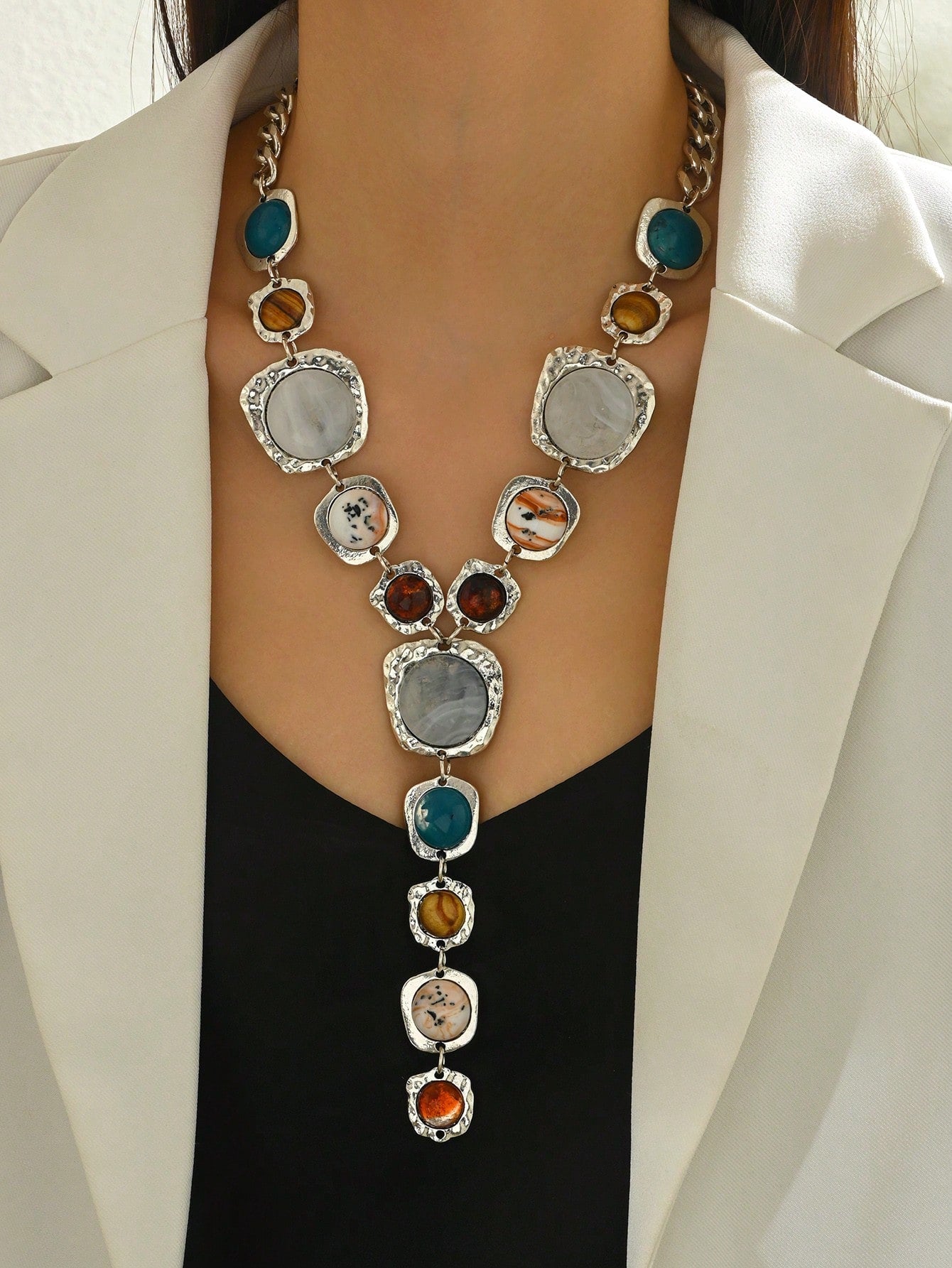 Vintage Geometric Faux Gemstone Y-Shaped Tassel Necklace | MIRA